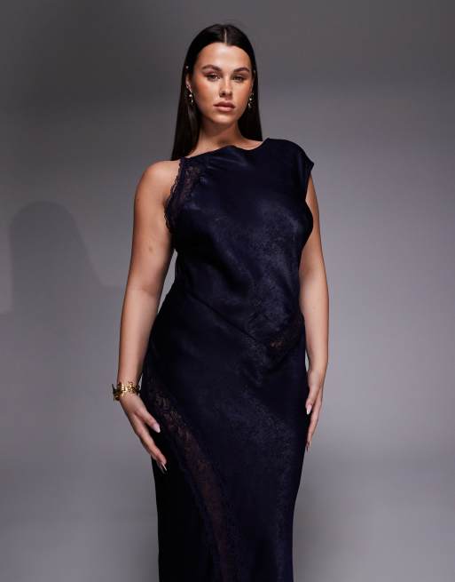ASOS DESIGN Curve slash neck satin bias lace detail maxi dress in navy |  ASOS