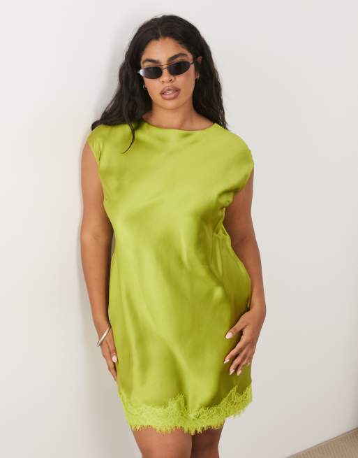 ASOS DESIGN Curve slash neck satin mini dress with lace hem in green, 3 of 4