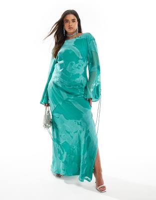 ASOS Curve ASOS DESIGN Curve slash neck seam detail burnout maxi dress in green