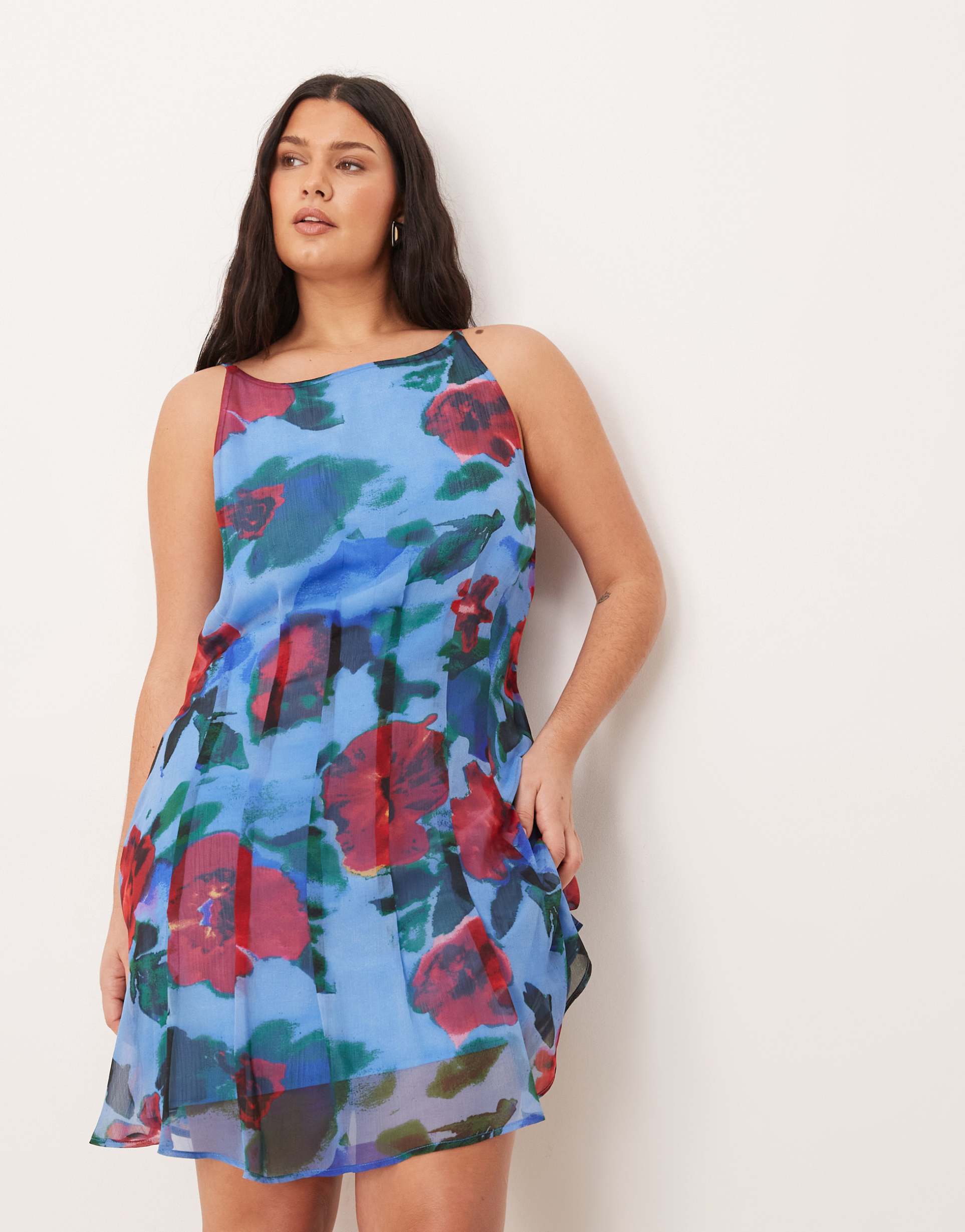 asos design curve slash neck seamed godet mini dress in blue floral
