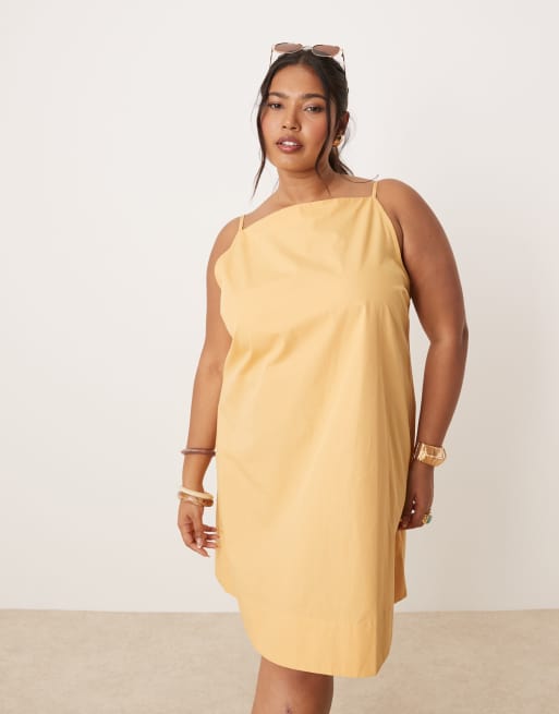 ASOS DESIGN Curve slash neck shapeless mini dress in golden sand, 2 of 4