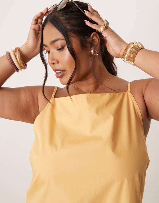 ASOS DESIGN Curve slash neck shapeless mini dress in golden sand, 3 of 4