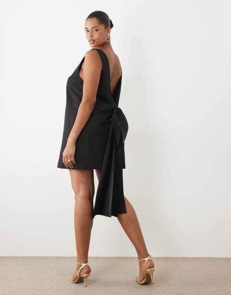 ASOS DESIGN Curve slash neck shift mini dress with bow back in black - view 1