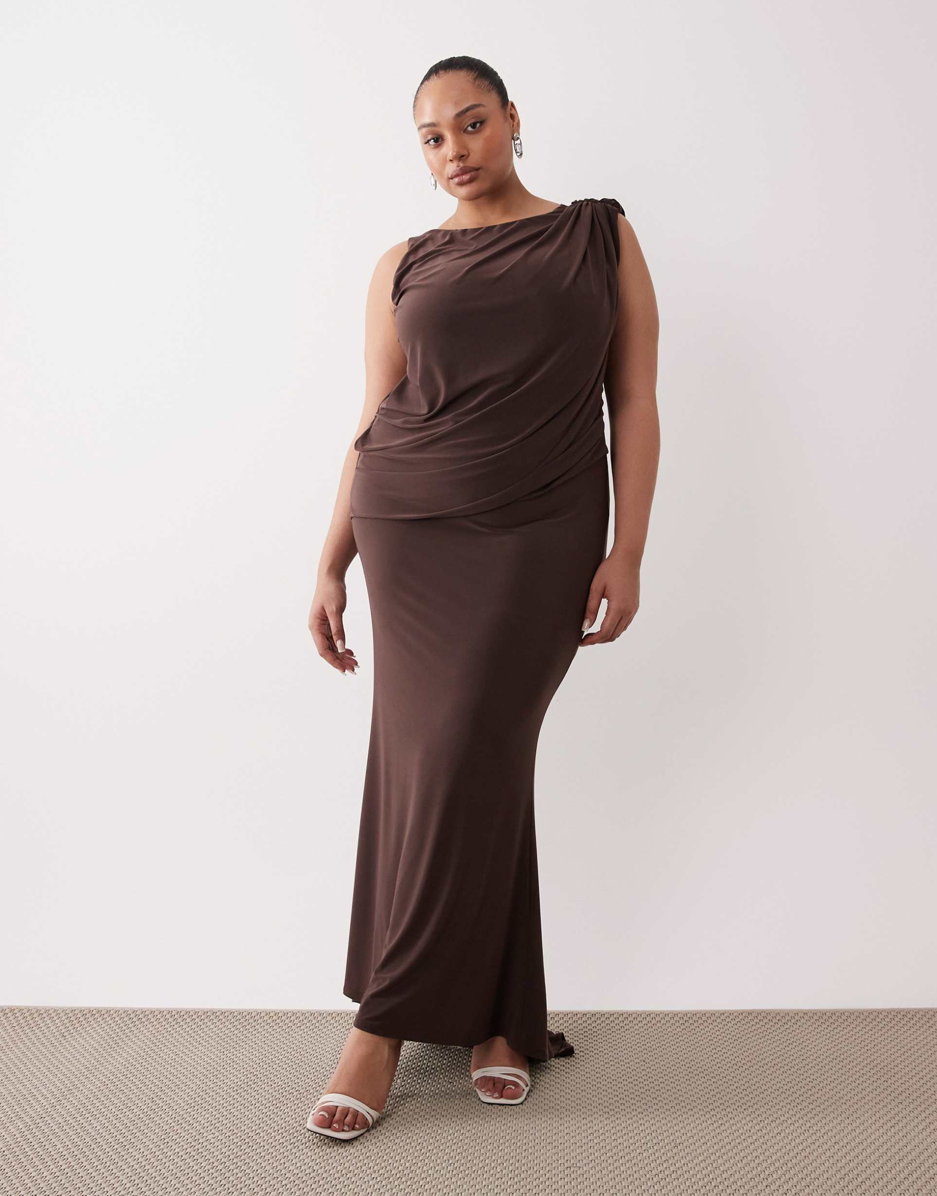 asos design curve slash neck sleeveless maxi dress with draped bodice in chocolate