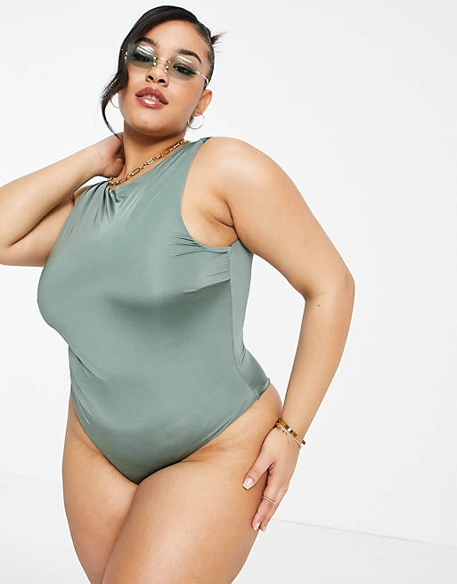 Women Curve sleek high neck swimsuit in khaki 