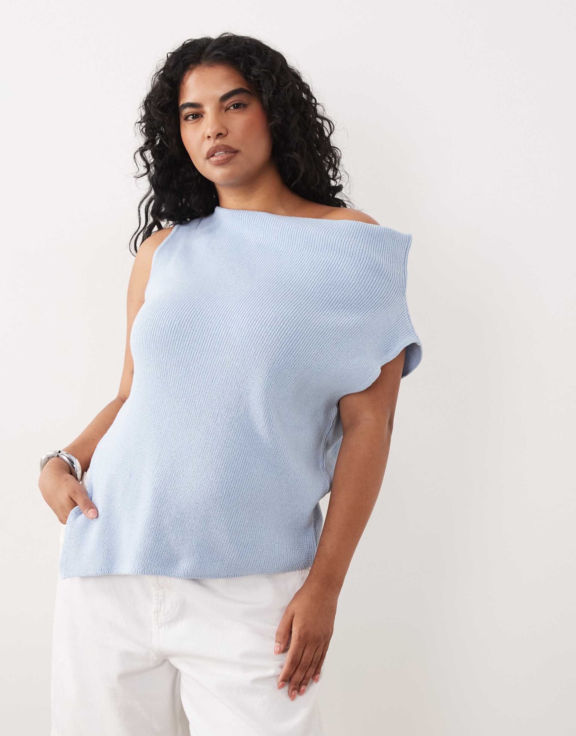 asos design curve sleeveless asymmetric top in blue