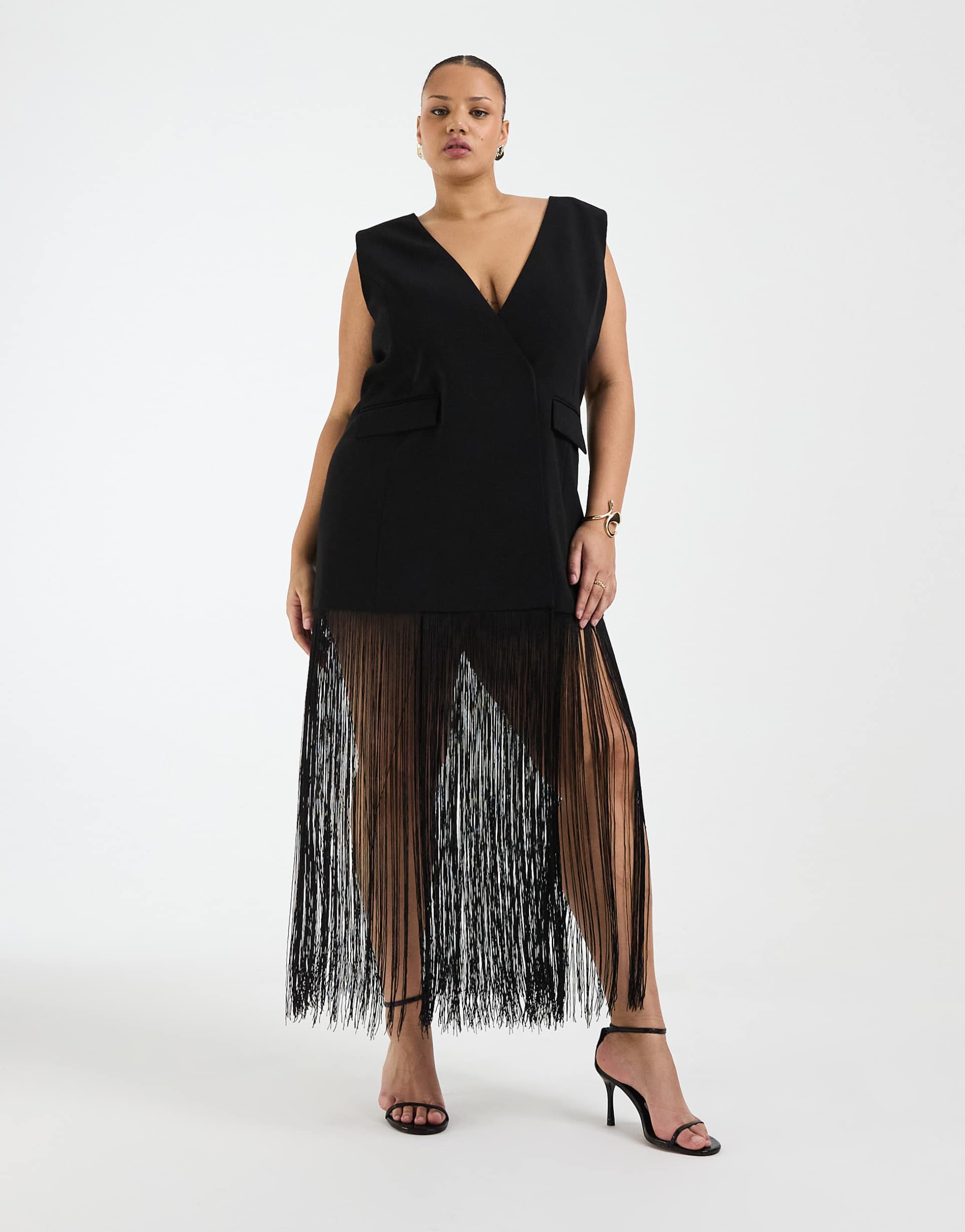asos design curve sleeveless blazer with fringe hem in black