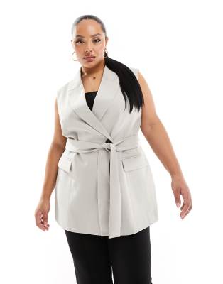 Asos Design Curve Sleeveless Blazer With Waist Tie In Light Gray