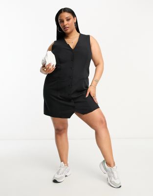 Asos Curve Asos Design Curve Sleeveless Button Through Vest Dress In Black