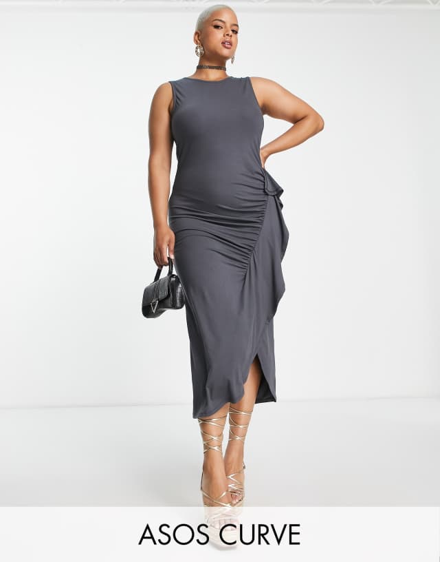 ASOS DESIGN Curve sleeveless frill detail maxi dress in charcoal