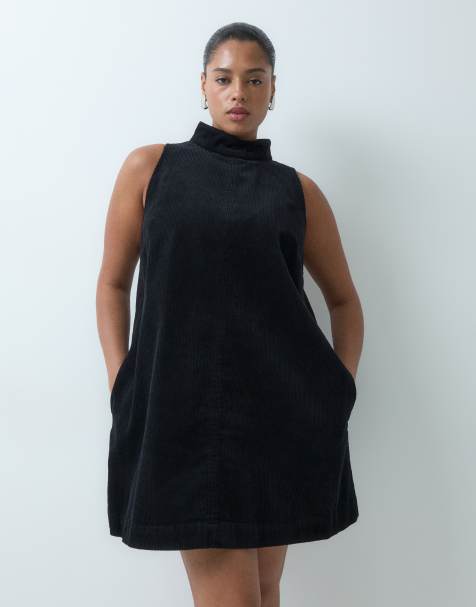 ASOS DESIGN Curve sleeveless funnel neck cord mini dress in black