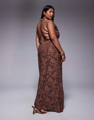 Asos Curve Asos Design Curve Sleeveless High Neck Devore Maxi Dress With Ruched Skirt Detail