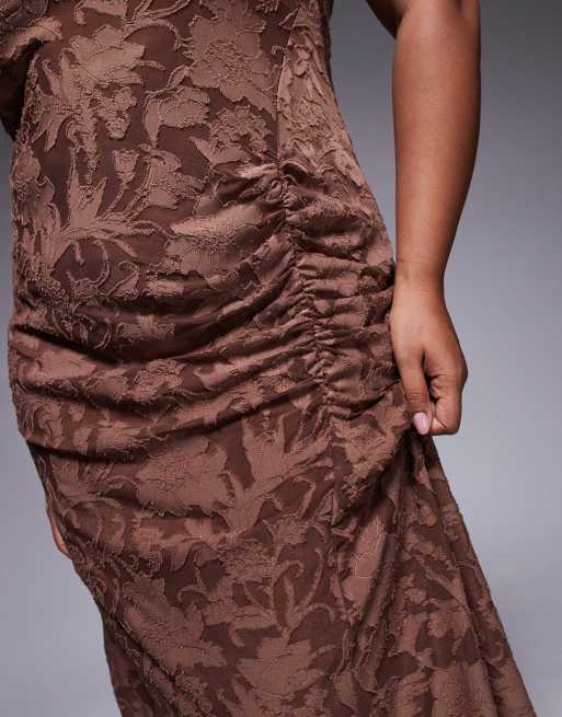 ASOS DESIGN Curve sleeveless high neck devore maxi dress with ruched skirt detail in chocolate