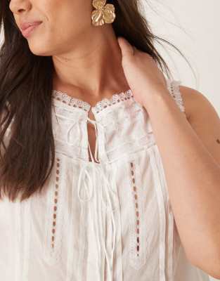 Asos Curve Asos Design Curve Sleeveless Lace Trim Top With Ribbon Tie Detail In White