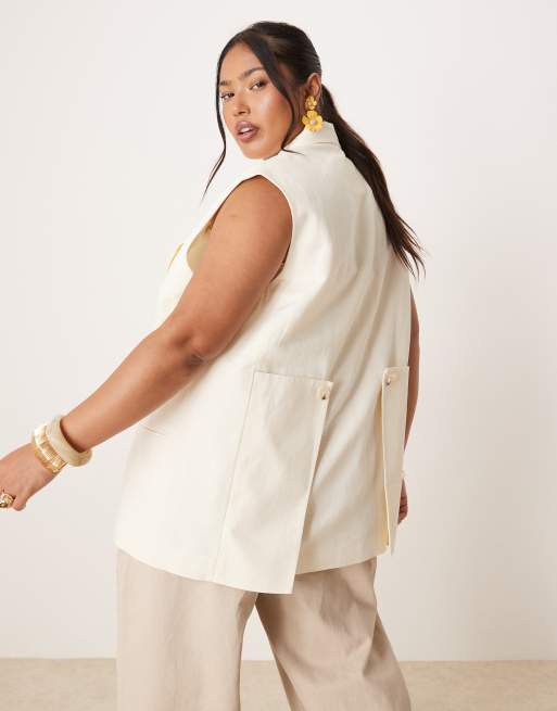 ASOS DESIGN Curve sleeveless multiway blazer with linen in ivory