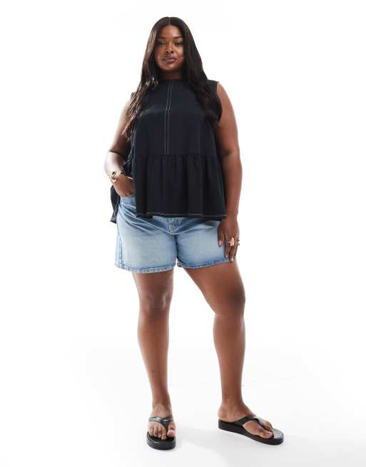 ASOS DESIGN Curve sleeveless peplum top with tie back in black, 2 of 4