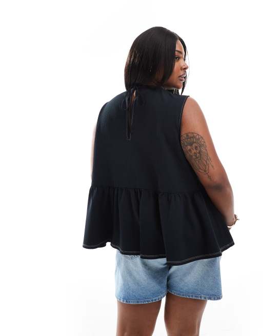ASOS DESIGN Curve sleeveless peplum top with tie back in black, 3 of 4