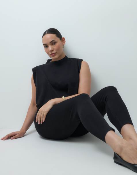 ASOS DESIGN Curve sleeveless pleat tank & knitted legging co-ord in black - view 1