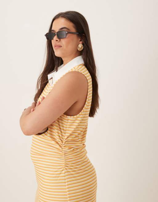 ASOS DESIGN Curve sleeveless polo ruched waist midi dress in stripes
