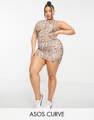 ASOS DESIGN Curve sleeveless ruched mesh mini dress in leopard print  - ASOS Price Checker