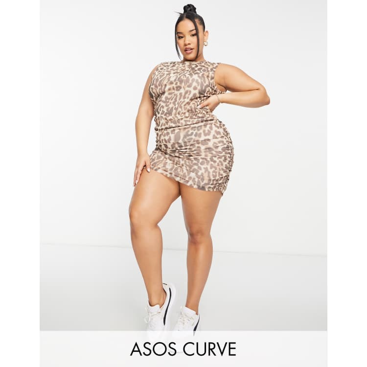 ASOS DESIGN Curve sleeveless ruched mesh mini dress in leopard print ASOS