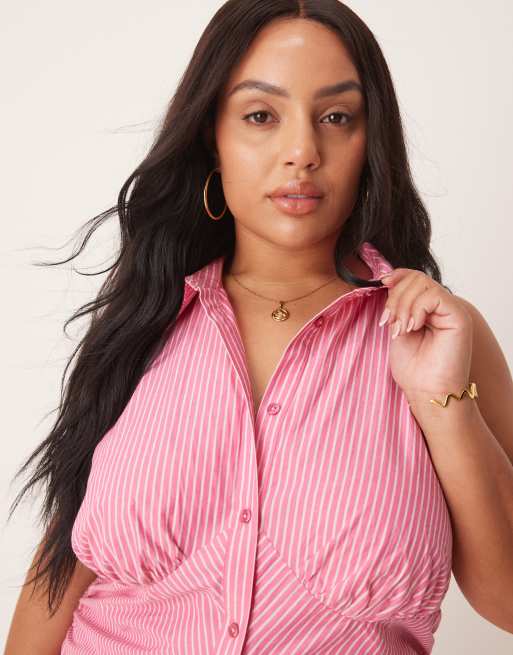 ASOS DESIGN Curve sleeveless shirt mini dress in spliced pink stripe
