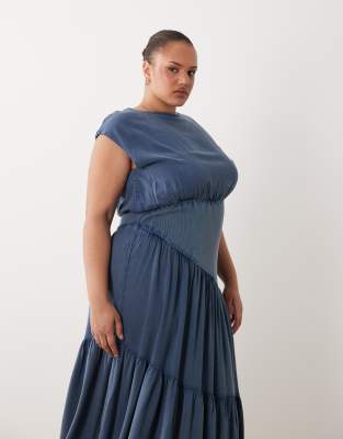 ASOS DESIGN Curve sleeveless slash neck hybrid midaxi dress in denim blue-Multi
