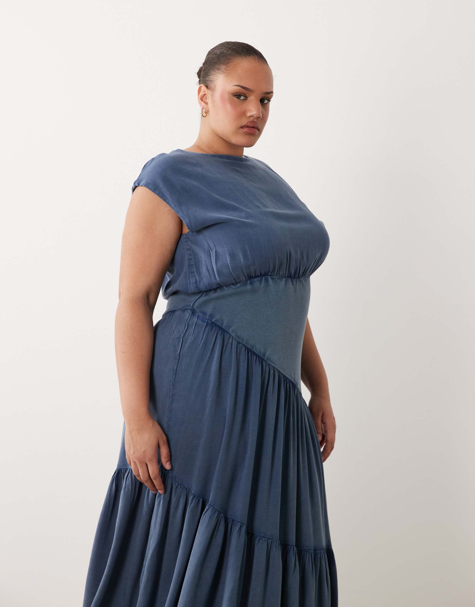 asos design curve sleeveless slash neck hybrid midaxi dress in denim blue