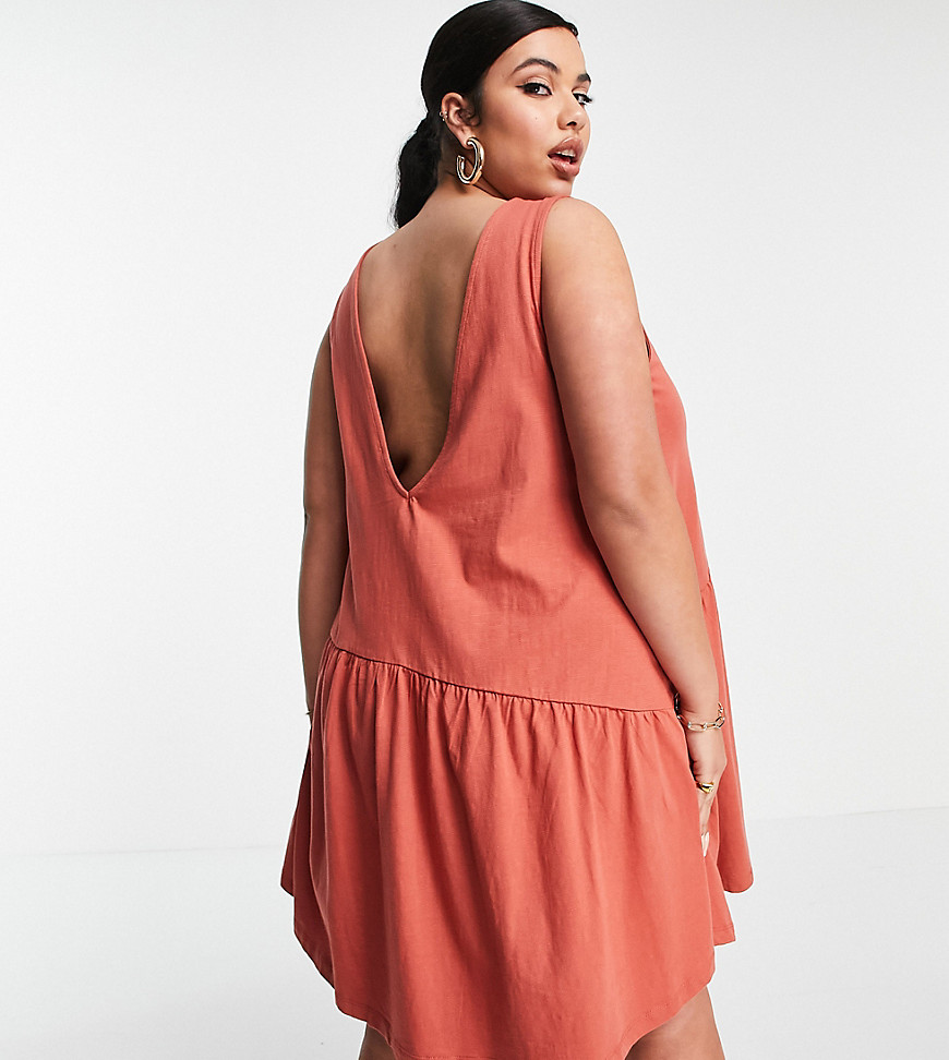 Asos Curve Asos Design Curve Sleeveless Smock Dress With V Back In Rust-red