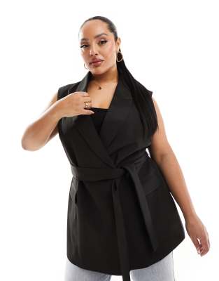 ASOS Curve ASOS DESIGN Curve sleeveless tailored blazer with tie waist in black
