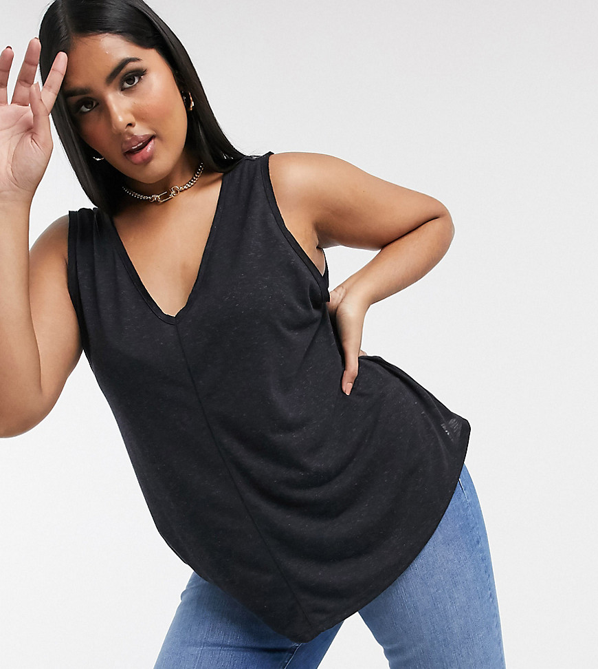 ASOS DESIGN Curve sleeveless top with drop arm hole in linen mix in black