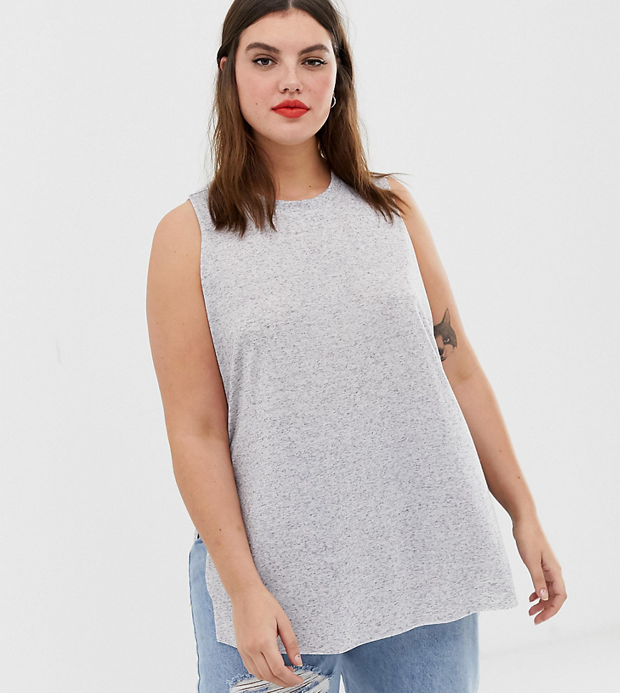 ASOS DESIGN Curve sleeveless top with side split in linen mix in grey