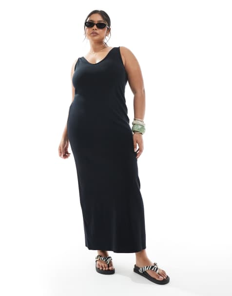 ASOS DESIGN Curve sleeveless v-neck rib knit midaxi dress in black - view 1