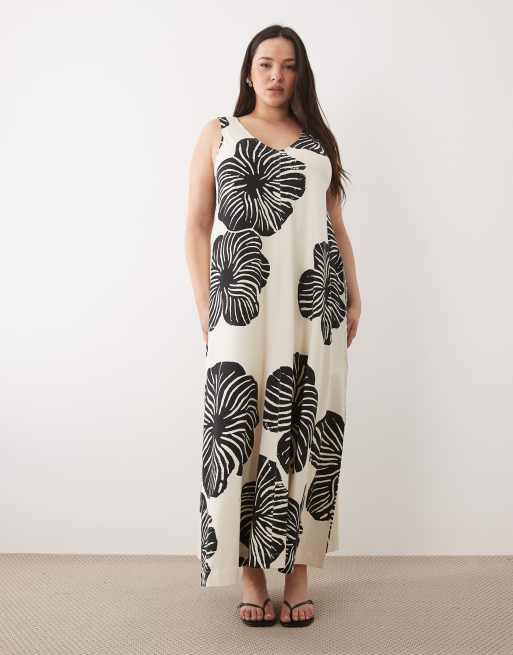 ASOS DESIGN Curve sleeveless V neck trapeze maxi dress in mono leaf print, 3 of 4