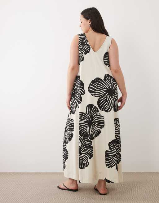 ASOS DESIGN Curve sleeveless V neck trapeze maxi dress in mono leaf print, 4 of 4