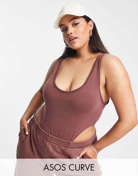 ASOS DESIGN Curve sleeveless washed bodysuit in brown - view 1