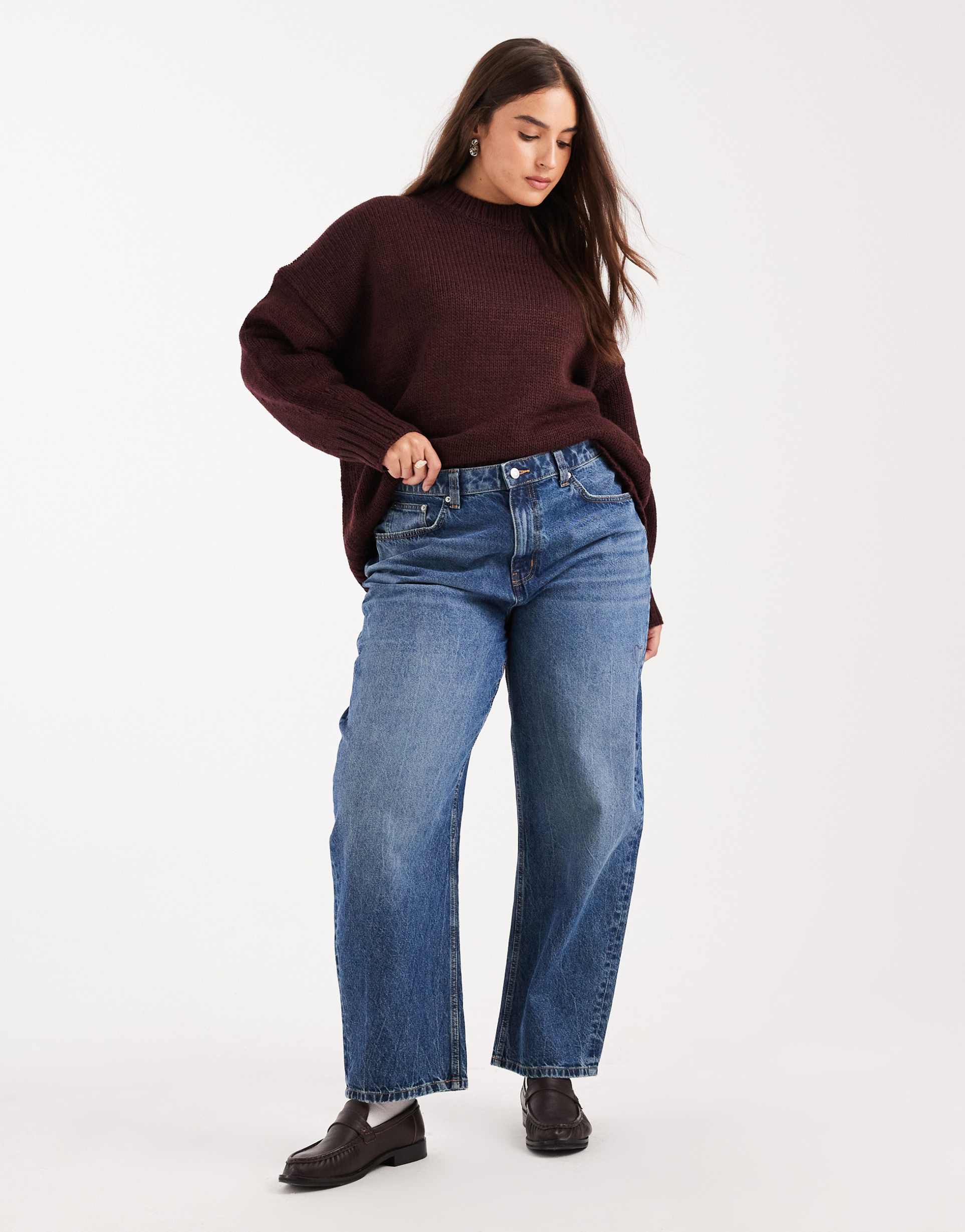 asos design curve slim barrel leg jeans in mid blue