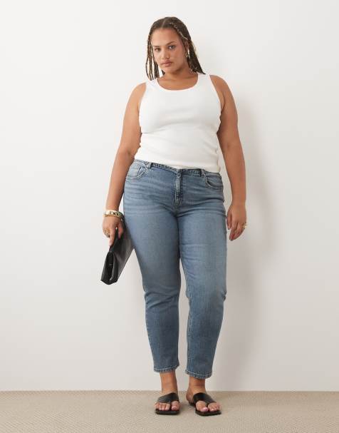 ASOS DESIGN Curve slim fit mom jeans in authentic mid wash  - view 1