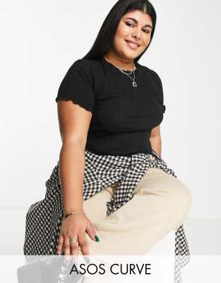 Asos Curve Asos Design Curve Slim Fit T-shirt With Lettuce Edge In Mixed Rib In Black
