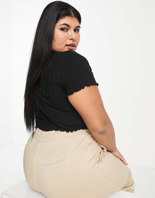 ASOS DESIGN Curve slim fit T-shirt with lettuce edge in mixed rib in black, 3 of 4