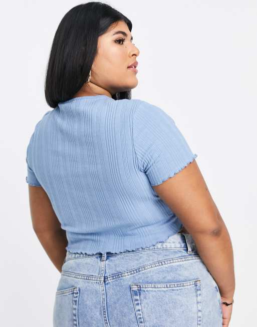ASOS DESIGN Curve slim fit T-shirt with lettuce edge in mixed rib in blue, 2 of 4