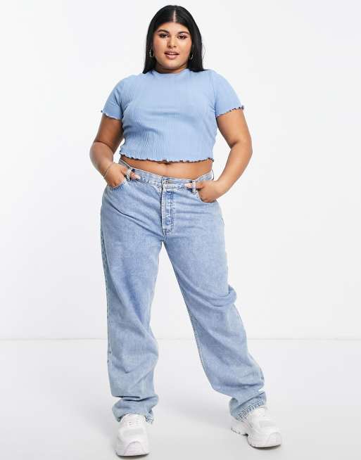 ASOS DESIGN Curve slim fit T-shirt with lettuce edge in mixed rib in blue, 3 of 4