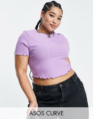ASOS DESIGN Curve slim fit t-shirt with lettuce hem in mixed rib in lilac