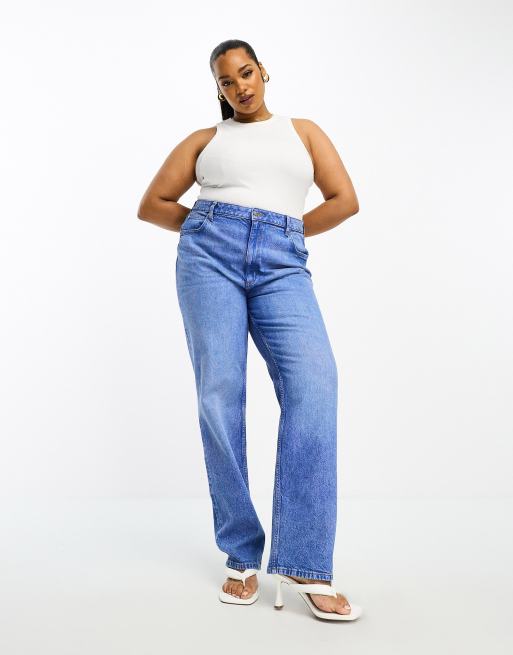 ASOS DESIGN high rise stretch slim straight leg jeans in midwash