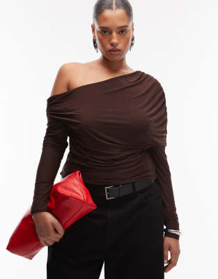 Asos Curve Asos Design Curve Slinky Asymmetric Cape Shoulder Long Sleeve Top In Brown