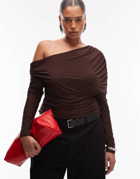 ASOS DESIGN Curve slinky asymmetric cape shoulder long sleeve top in chocolate - view 1