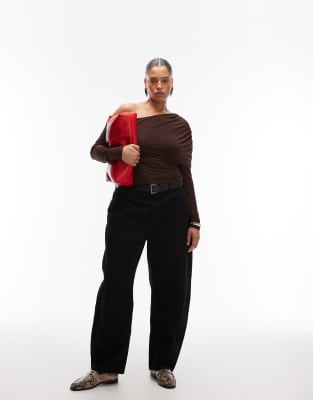 Asos Curve Asos Design Curve Slinky Asymmetric Cape Shoulder Long Sleeve Top In Brown