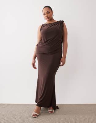 ASOS DESIGN Curve slinky asymmetric draped maxi dress with cowl back in chocolate