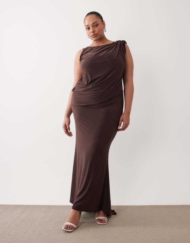 ASOS DESIGN Curve slinky asymmetric draped maxi dress with cowl back in chocolate