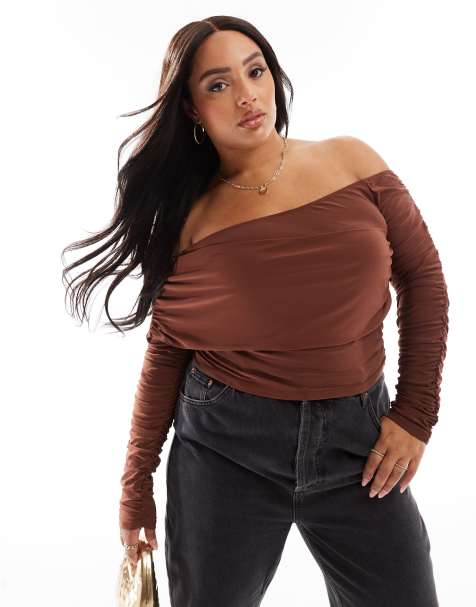 ASOS DESIGN Curve slinky asymmetric neck ruched sleeve top in chocolate - view 1